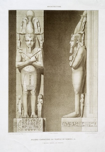 Emile Prisse d'Avennes, Histoire de l'art égyptien, Atlas, Paris, 1858-1879, planche I-44, piliers cariatides(sic) du temple de Ramsès III à Médineh-Thabou (sic).4