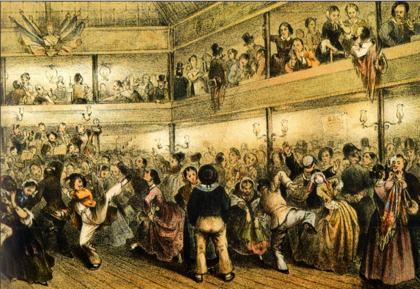 Un bal populaire vers 1860. Estampe anonyme, collection B. Vassor. A droite, le garde de service en bicorne, les joueurs de billard à l'étage.