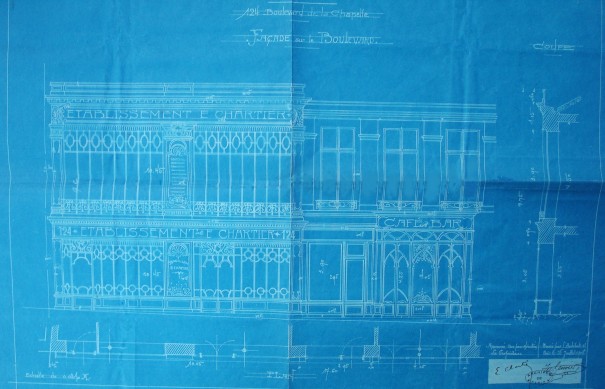 Plans de construction d’une nouvelle façade transformant le n° 124 en Bouillon Chartier, 1908 - Permis de construire, Archives de Paris VO 11 575