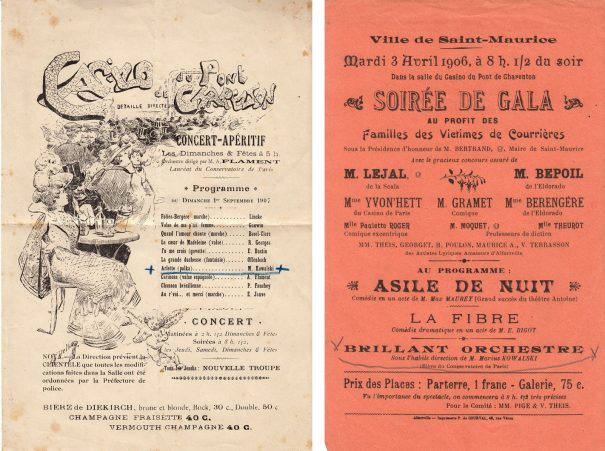 Programmes (concert-apéritif 1er déc.1907 et soirée 3 avril 1906) 